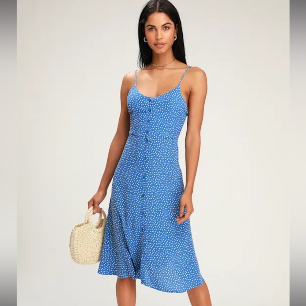 Midsummer Mini Blue Tulip Print Midi Dress, Button Front